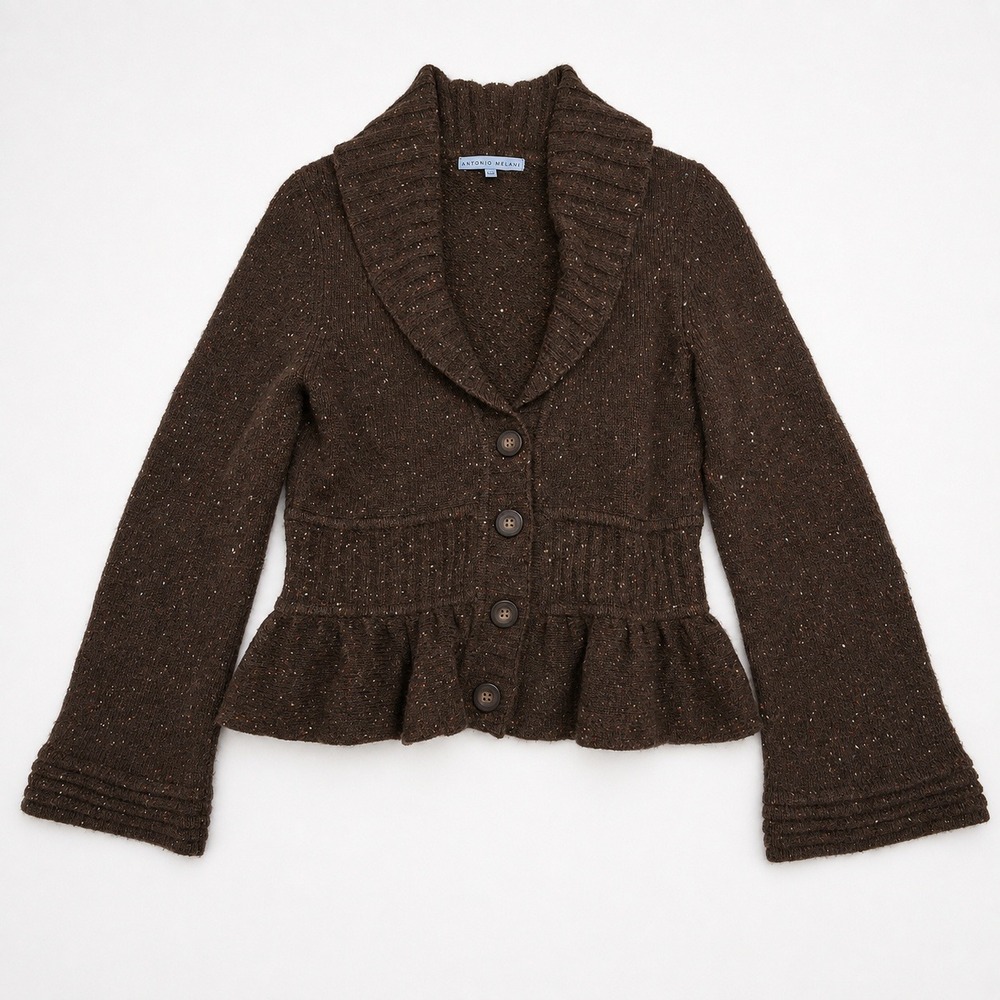 Antonio Melani Wool Cashmere Peplum Cardigan Sweater Brown Speckled Medium